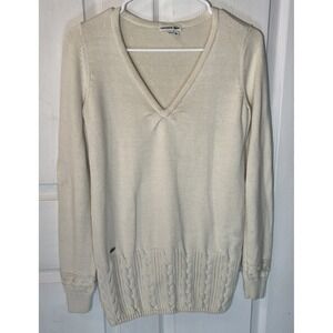 Lacoste Women's Off White Cotton V‎ Neck Long Partial Cable Knit Sweater Size 36